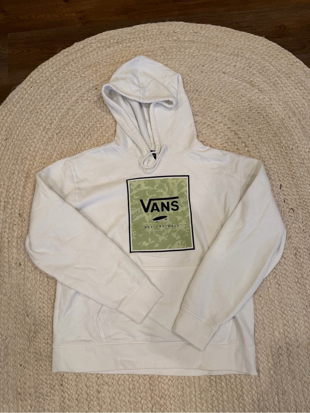 Vans White Hoodie with Green Camouflage Logo Panel